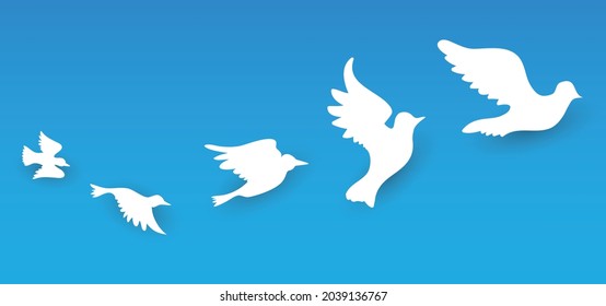 Blue design like sky with five, white flying doves silhouettes.