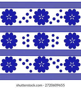 Blue Design Pattern Showing Three Layers Of Flowers Where Each Flower Is Separated From The Other By Dots. The Three Floral Layers Are In Turn Separated By Linear Bands. Asian Bohemian Cushion Illustration. Simple Modern Repetitive Floral Vector. Can Be Used For Fabric, Embroidery, Carpet, Wallpaper, Cover, Tile Etc.