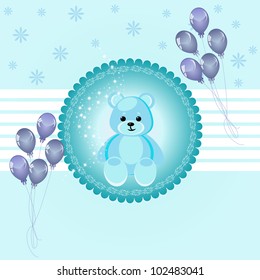 Blue design with Teddy Bear and word baby spelled out by blocks. Arrival card