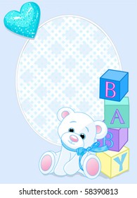 Blue design with Teddy Bear and word "baby" spelled out by blocks. Arrival card