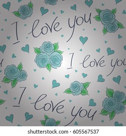 Blue design template for holiday and wedding card, wallpaper on a white background. Colorful hearts, love text and rose flower seamless pattern. Vector Valentine design. Vector illustration.