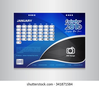 Blue Desk Calendar 2016 template. Vector Design Template. January Month. calendar design, calendar template, vector illustration,web,printing design,calendar 2016