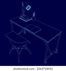 Blue desk with a lamp and a book on it. The lamp is on the left side of the desk