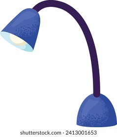 Blue desk lamp with curved neck and modern design. Office light, reading lamp with texture. Workspace illumination vector illustration.