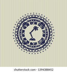 Blue desk lamp icon inside distress rubber seal with grunge texture