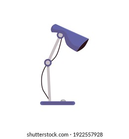Blue desk lamp isolated on white background, electric table light with bent arm standing on surface with unlit lightbulb, cartoon flat vector illustration.