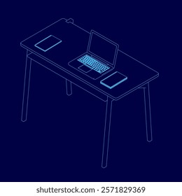 Blue desk with a laptop and a keyboard on it. There are two books on the desk as well. Isometric view