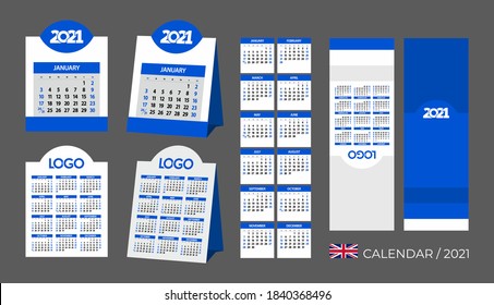 Blue desktop calendar 2021. For laser cutting, die cut. An unusual, interesting form of the calendar. Cards by month. Company logo on the calendar. English language