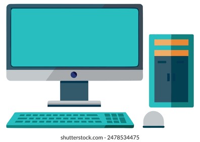 Blue desktop computer with keyboard and mouse. Vector illustration