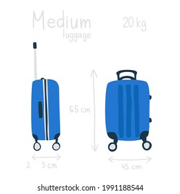 Blue detailed rolling suitcase, medium luggage suitcase. Trolley case, flight bag on wheels for business trip, summer vacation, travel. Front, side view. Suitcase M size. Vector set. 