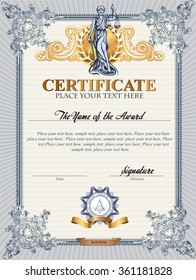 Blue detailed vector certificate template with Femida. 