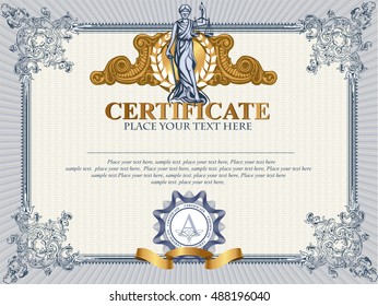 Blue detailed vector certificate template with Femida. 