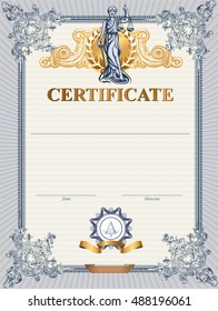 Blue detailed vector certificate template with Femida. 