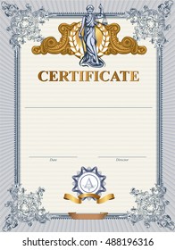 Blue detailed vector certificate template with Femida. 