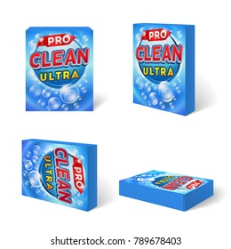 Blue detergent cardboard package box in different positions. Vector template box with detergent powder illustration