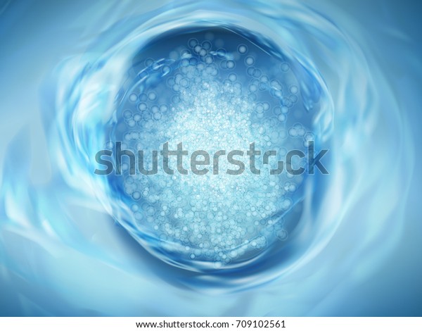 Blue detergent or water flushing, flowing\
liquid with bubbles in 3d\
illustration
