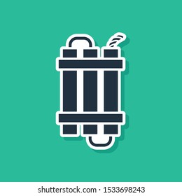 Blue Detonate dynamite bomb stick and timer clock icon isolated on green background. Time bomb - explosion danger concept.  Vector Illustration