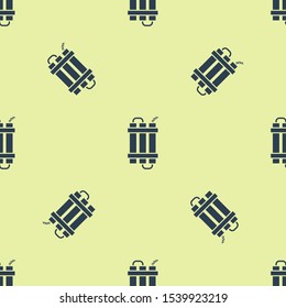 Blue Detonate dynamite bomb stick and timer clock icon isolated seamless pattern on yellow background. Time bomb - explosion danger concept.  Vector Illustration