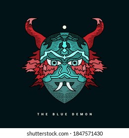 
Blue devil with red horns and big white teeth for e-sports team logo and identity, tattoo or t-shirt design