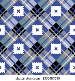 Blue diagonal fabric texture tartan plaid seamless pattern. Vector illustration. eps 10