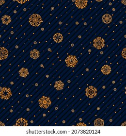 líneas diagonales azules y copos de nieve dorados. patrón sin costuras vectorial. fondo repetitivo festivo. muestra de tela. papel envolvente. impresión continua. plantilla de diseño de invierno para invitación, tarjeta de saludo