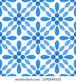 Blue diagonal painted tiles. Folklore plant seamless pattern. Shades of blue flowers on white background. Square ethnic floral ornament for wallpaper, textile, web design, etc.