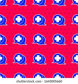 Blue Dialogue with the doctor icon isolated seamless pattern on red background. Doctor and patient dialog. Consulting about medical health services.  Vector Illustration