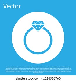 Blue Diamond engagement ring icon isolated on blue background. White circle button. Flat design. Vector Illustration