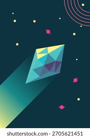 A blue diamond is flying through space with a trail of light behind it