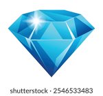 Blue diamond gem with brilliant facets and sparkles. Vector cartoon illustration isolated on white background