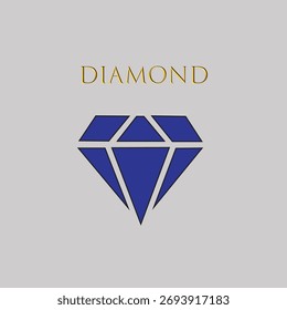 Blaues Diamant-Symbol mit geometrischen Facetten und goldenem Text, minimale Vektorgrafik für Luxusthemen