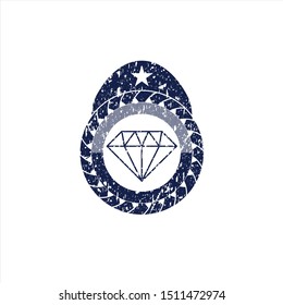 Blue diamond icon inside distressed rubber grunge texture seal