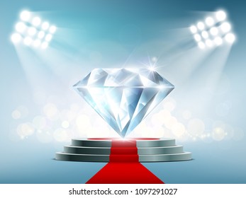 Blue diamond on the podium with a red carpet. Stock vector illustration.