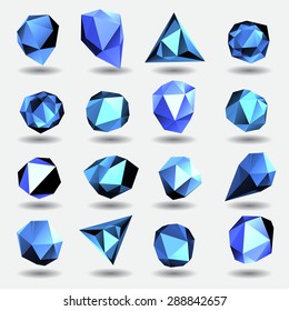 Blue diamond polygon triangle stone 3d objects set