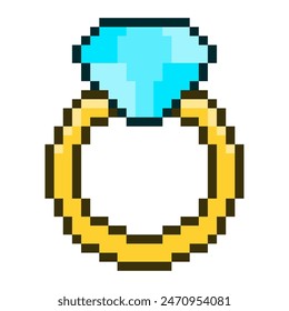 Blue Diamond Ring, Pixel Art Icon, Isolated