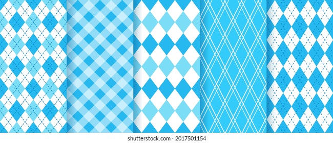 Blue diamond seamless patterns. Bavarian Oktoberfest backgrounds. Set rhombus plaid prints. Argyle Lozenge textures. Modern geometric backdrops. Vector illustration.