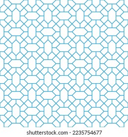 Blue diamond shape and diagonal line pattern on white background. Linked diagonal line and hexagon shape. Blue lattice pattern on white background. Abstract maze backdrop.