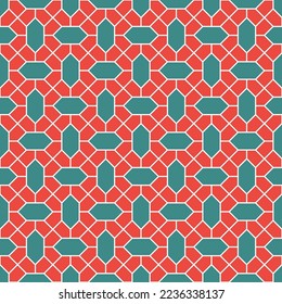 Blaue diamantenförmige und diagonale Linienmuster auf rotem Hintergrund. Verbundene diagonale Linie und sechseckige Form. Mehrfarbiges Gittermuster auf rotem Hintergrund.