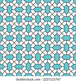 Blue diamond shape and diagonal line pattern on white background. Linked diagonal line and hexagon shape. Blue lattice pattern on white background.