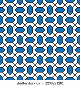 Blue diamond shape and diagonal line pattern on white background. Linked diagonal line and hexagon shape. Blue lattice pattern on white background.