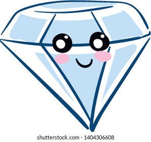 A blue diamond with a smiling face, black and white eyes, pink cheeks and black lip., vector, color drawing or illustration. 