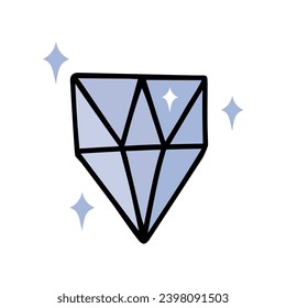Blue diamond vector icon. An expensive bright gemstone sparkles and shines. Beautiful precious crystal, prism. Hand drawn doodle isolated on white. Flat cartoon clipart for print, logo, shops, web