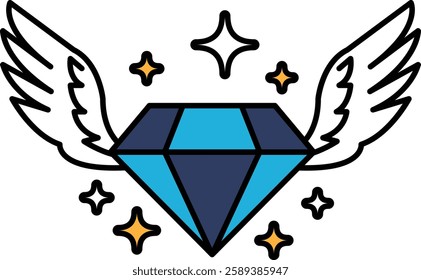 A blue diamond with wings above it. The diamond is surrounded by stars and the wings are white
