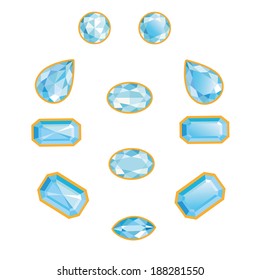 Blue Diamonds set different cut - round, drop, pear, oval, octagon and race. Brilliant three-dimensional jewelry on a white background. Isolated Objects