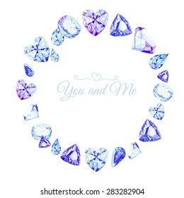 Blue diamonds watercolor round vector design frame. All elements are isolated and editable.