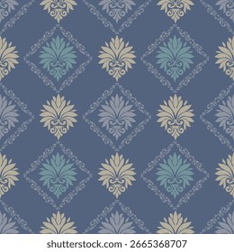 Blue diamond-shaped damask seamless background with vintage charm, ideal for interior design, upholstery, and decorative textiles.
