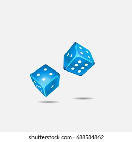 Blue dice rolling on the white background
