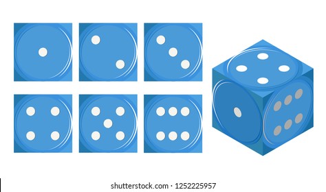 Blue dice set. Isometric view. White background.