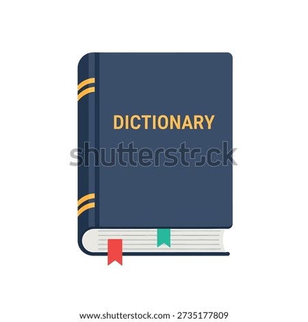 A blue dictionary with yellow text and bookmarks on a white background.
