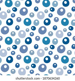 Blue different bubbles isolated on white background. Cute contrasting geometric seamless pattern. Vector flat graphic hand drawn illustration. Texture.